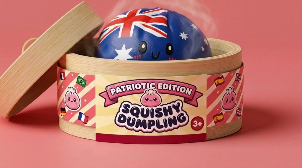 Flag Squishy Dumpling Australia en su cesta de vapor de bambú
