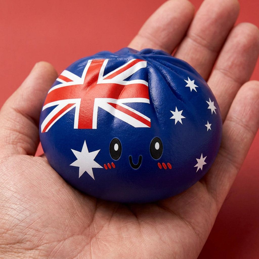 Flag Squishy Dumpling Australia en la mano, tamaño real