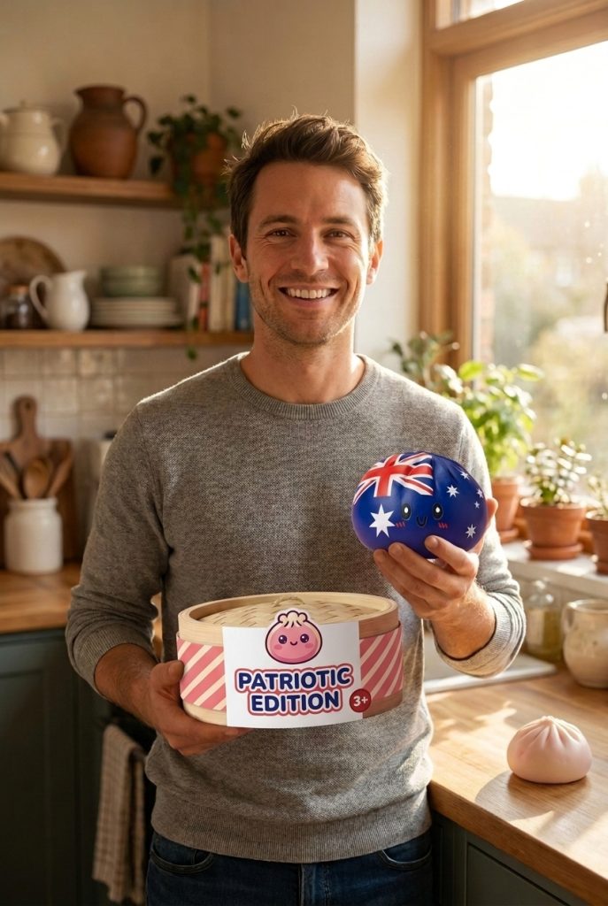 Flag Squishy Dumpling Australia con su cesta de vapor de bambú
