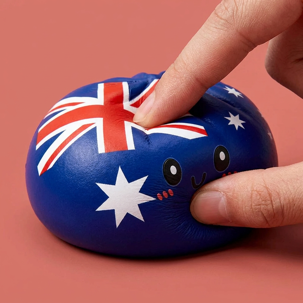 Flag Squishy Dumpling Australia — efecto slow-rise, la espuma recupera su forma