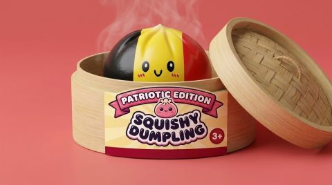 Squishy Dumpling Flag Bélgica en su cesta de vapor de bambú