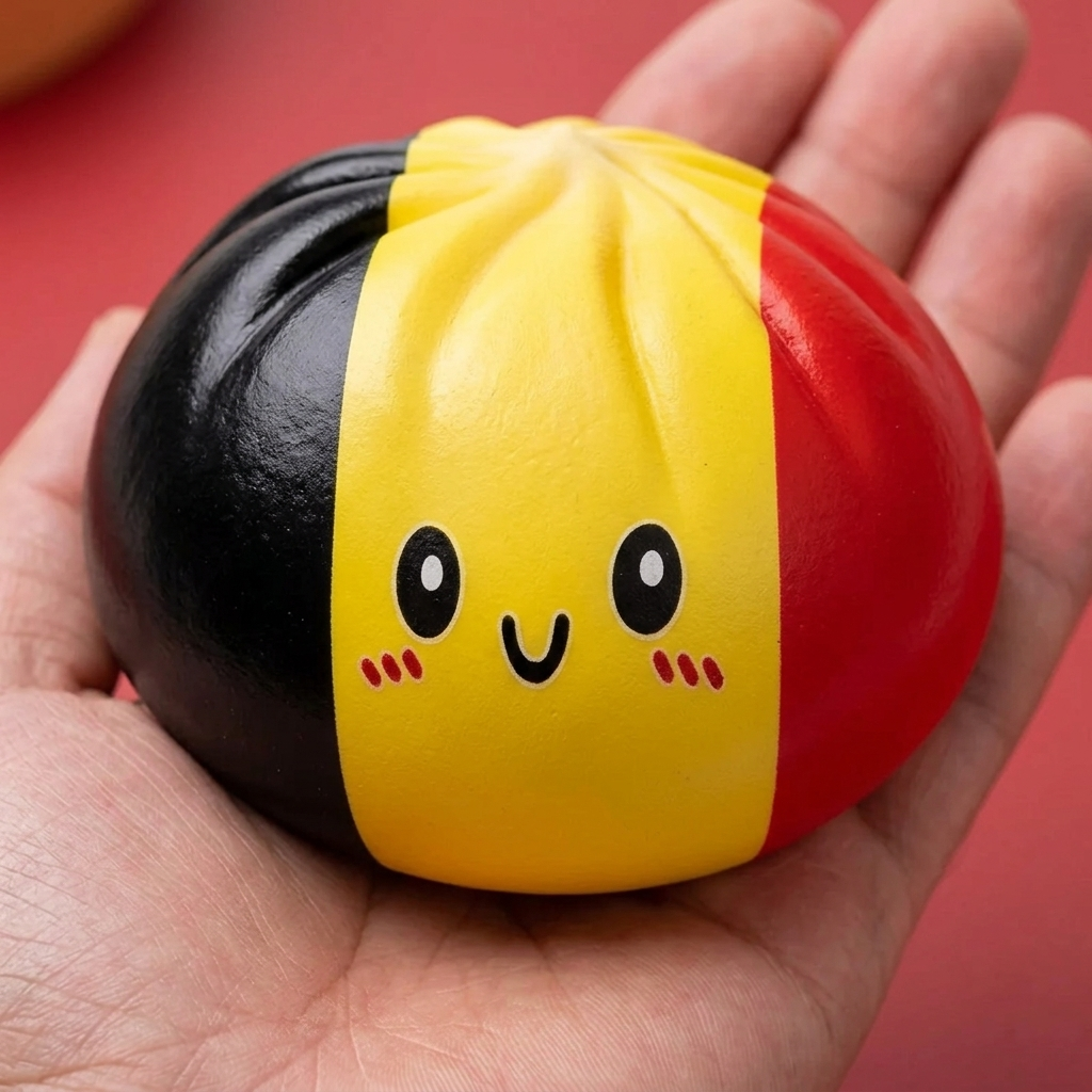 Squishy Dumpling Flag Bélgica en la mano, tamaño real
