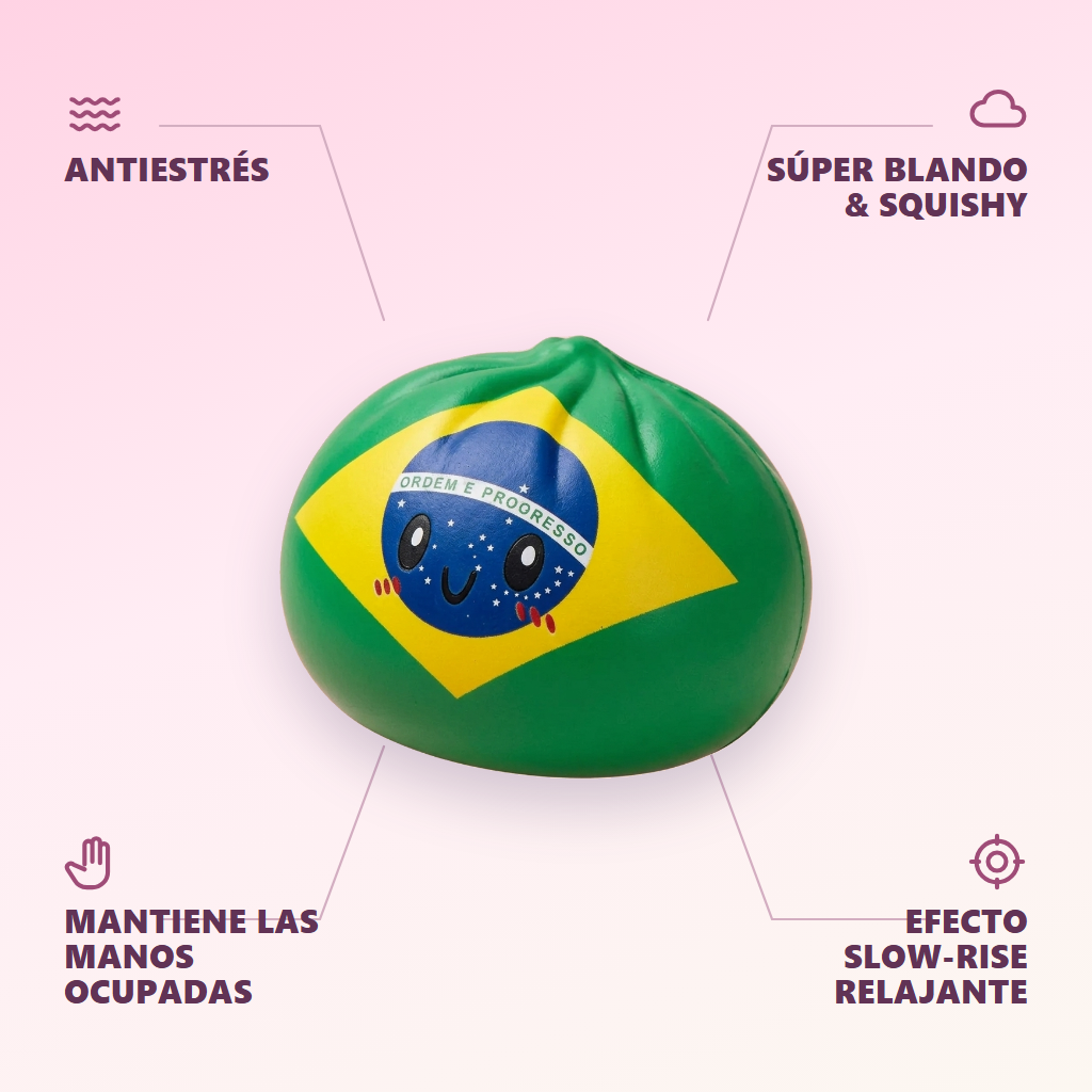 Dumpling Squishy Flag Brasil — antiestrés, ultra blando, efecto slow-rise