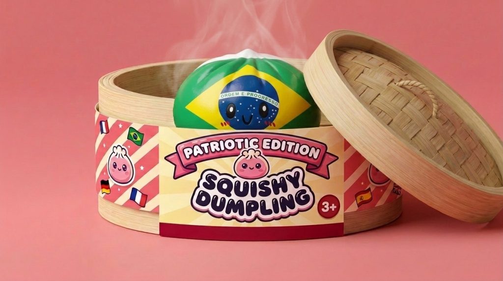 Dumpling Squishy Flag Brasil en su cesta de vapor de bambú