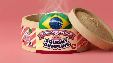 Dumpling Squishy Flag Brasil en su cesta de vapor de bambú