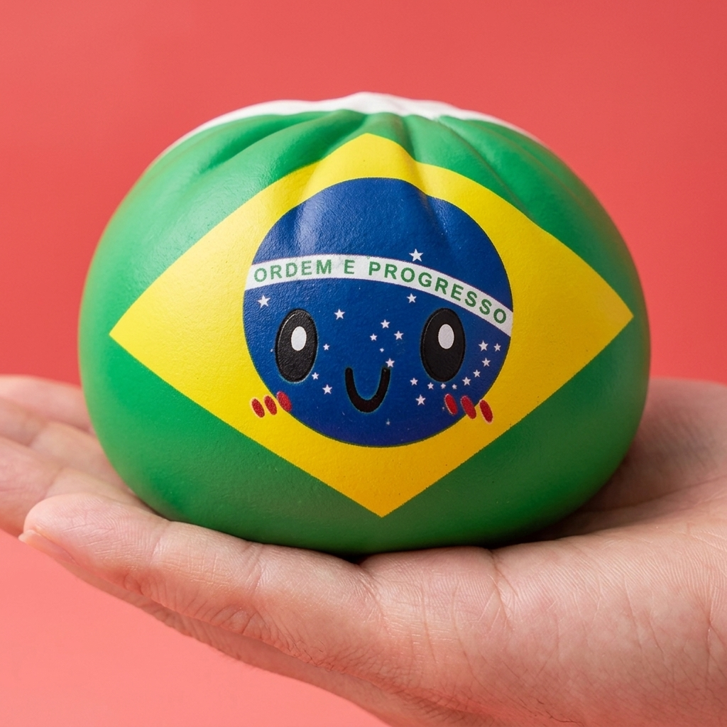 Dumpling Squishy Flag Brasil en la mano, tamaño real