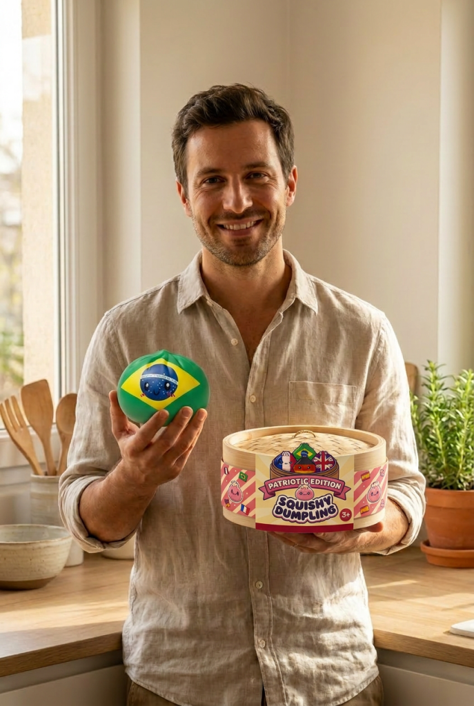 Dumpling Squishy Flag Brasil con su cesta de vapor de bambú