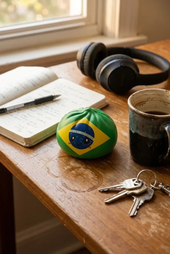 Dumpling Squishy Flag Brasil en un escritorio