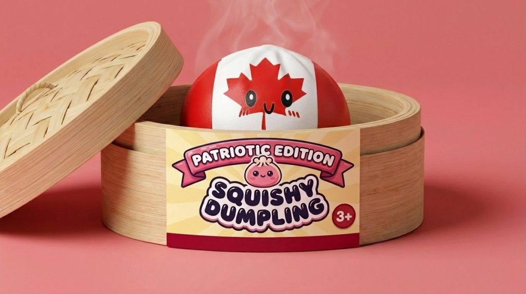Flag Squishy Dumpling Canadá en su cesta de vapor de bambú