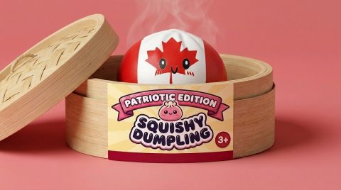 Flag Squishy Dumpling Canadá en su cesta de vapor de bambú