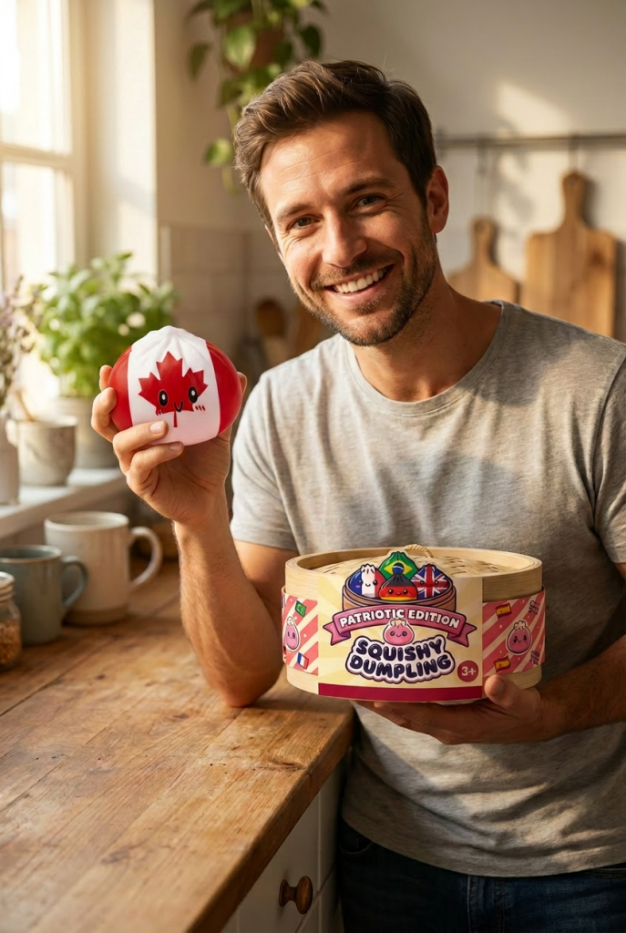 Flag Squishy Dumpling Canadá con su cesta de vapor de bambú