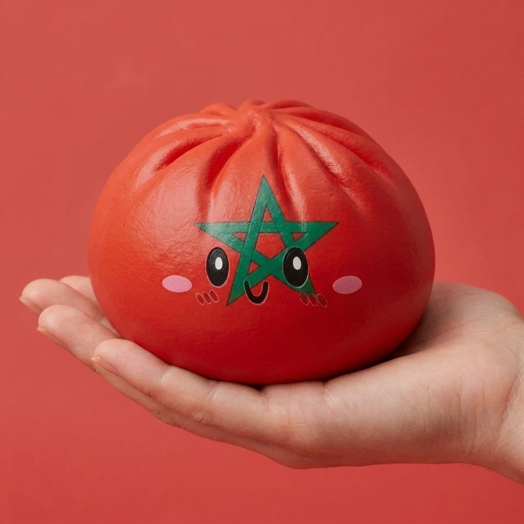 Flag Dumpling Squishy Marruecos en la mano, tamaño real