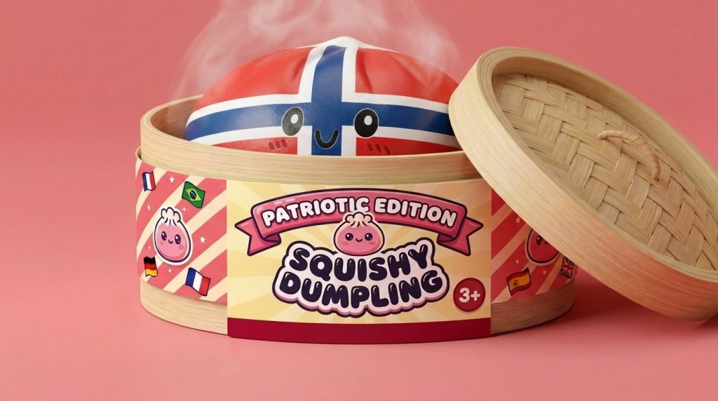 Flag Squishy Dumpling Noruega en su cesta de vapor de bambú