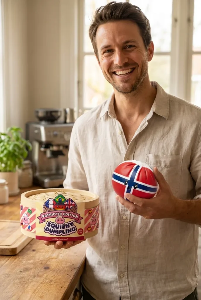 Flag Squishy Dumpling Noruega con su cesta de vapor de bambú