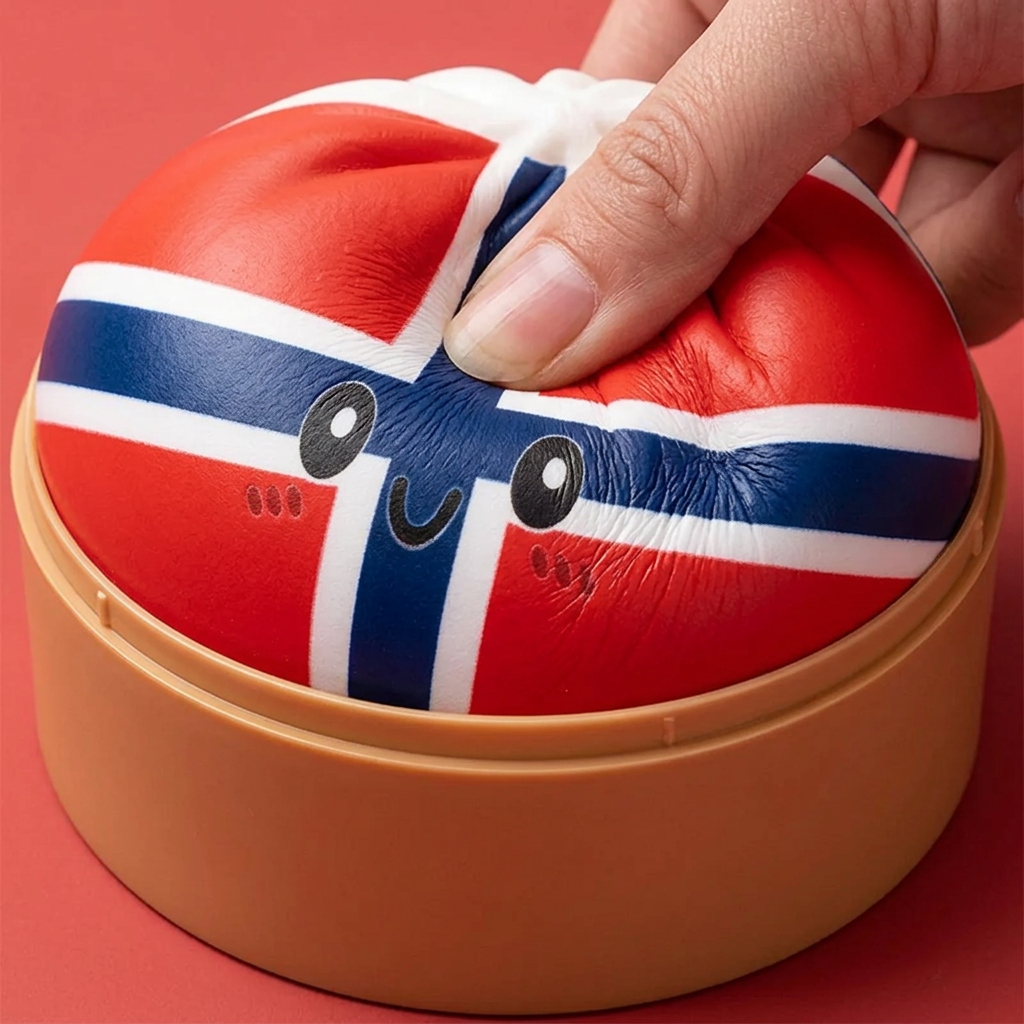 Flag Squishy Dumpling Noruega — efecto slow-rise, la espuma recupera su forma