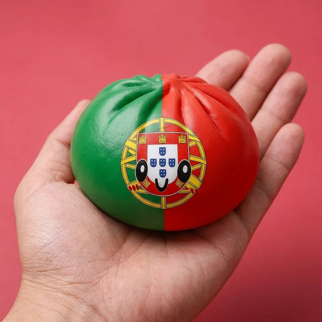 Squishy Dumpling Portugal Bandera Roja y Verde en la mano, tamaño real