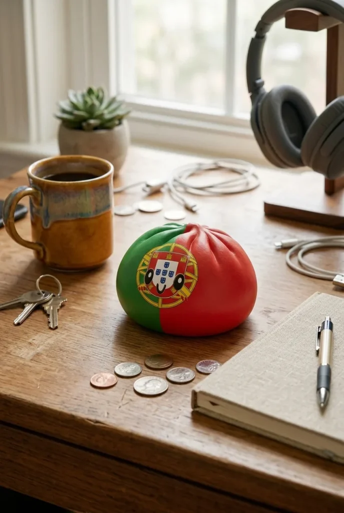 Squishy Dumpling Portugal Bandera Roja y Verde en un escritorio
