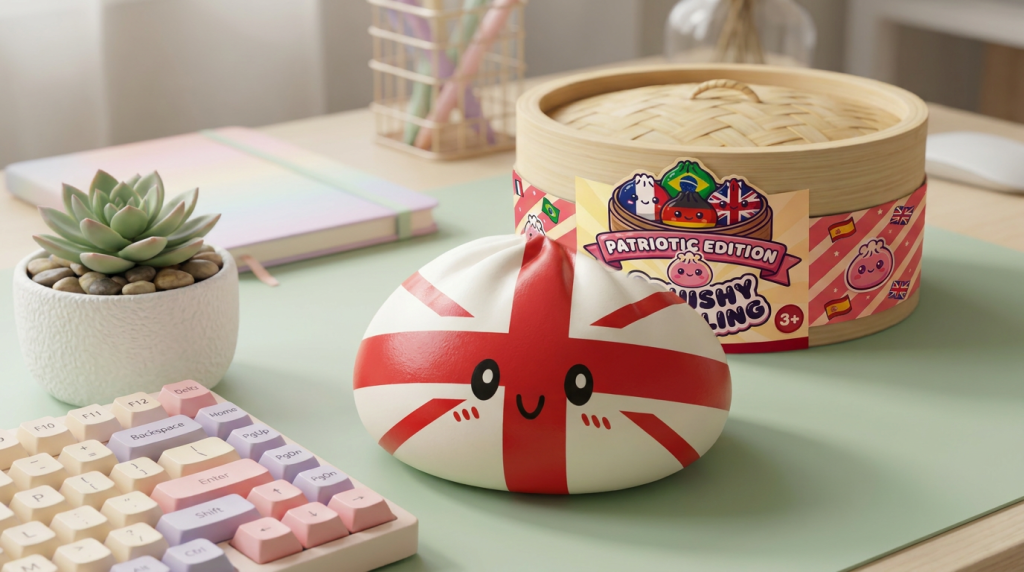 Flag Squishy Toy Dumpling Reino Unido en un ambiente de escritorio