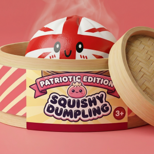 Flag Squishy Toy Dumpling Reino Unido en su cesta de vapor de bambú