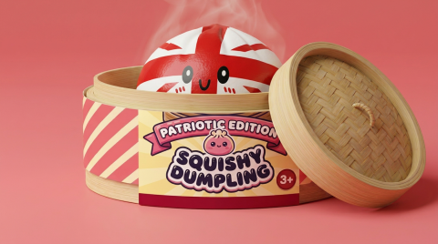 Flag Squishy Toy Dumpling Reino Unido en su cesta de vapor de bambú