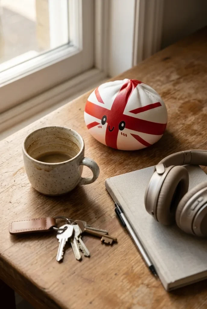 Flag Squishy Toy Dumpling Reino Unido en un escritorio