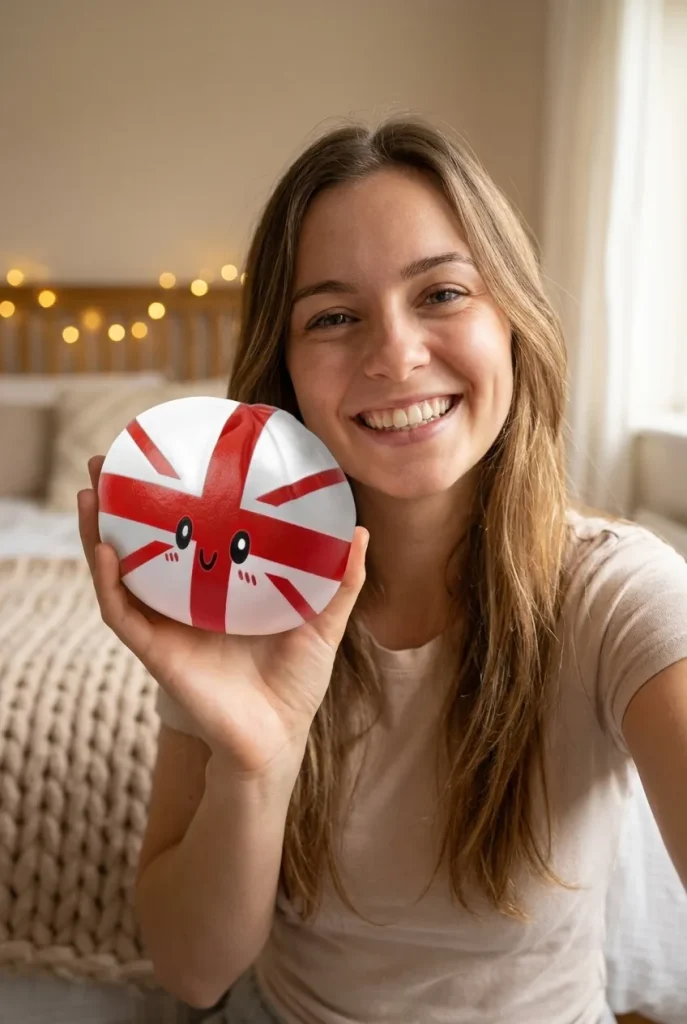 Flag Squishy Toy Dumpling Reino Unido cerca de la cara