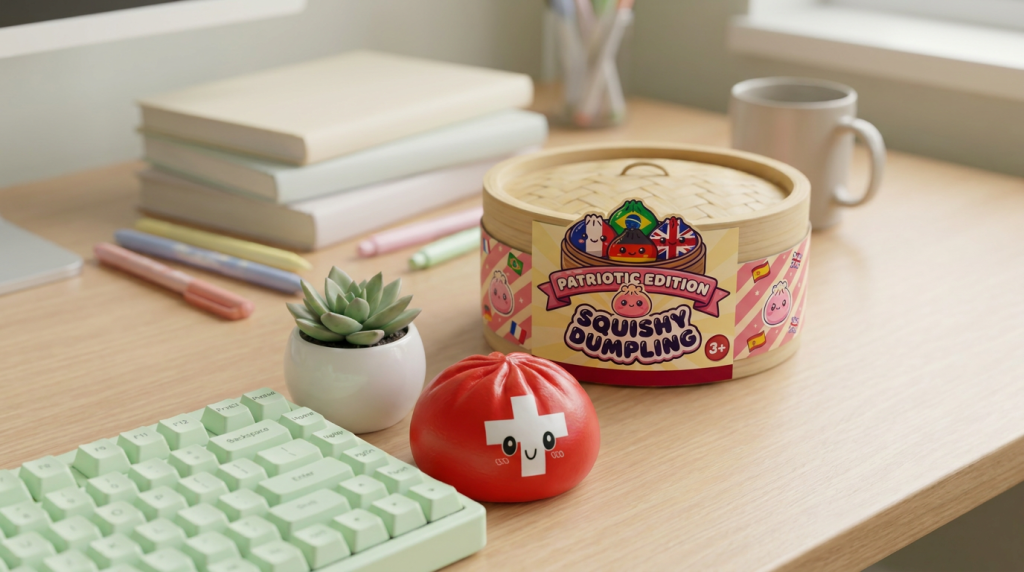 Flag Squishy Toy Dumpling Suiza en un ambiente de escritorio