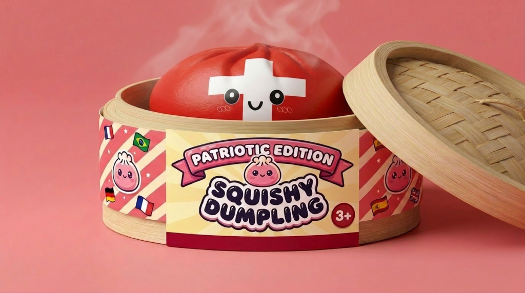 Flag Squishy Toy Dumpling Suiza en su cesta de vapor de bambú