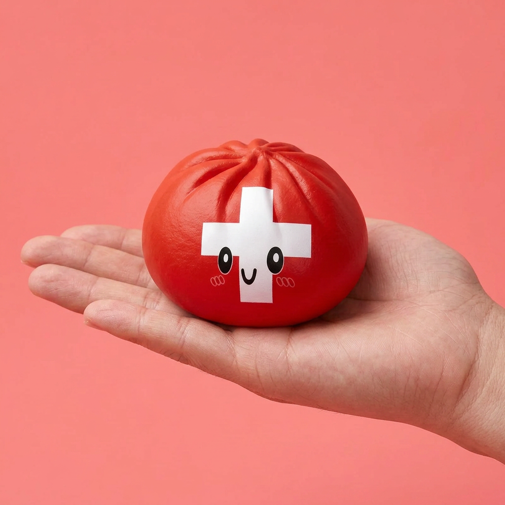 Flag Squishy Toy Dumpling Suiza en la mano, tamaño real