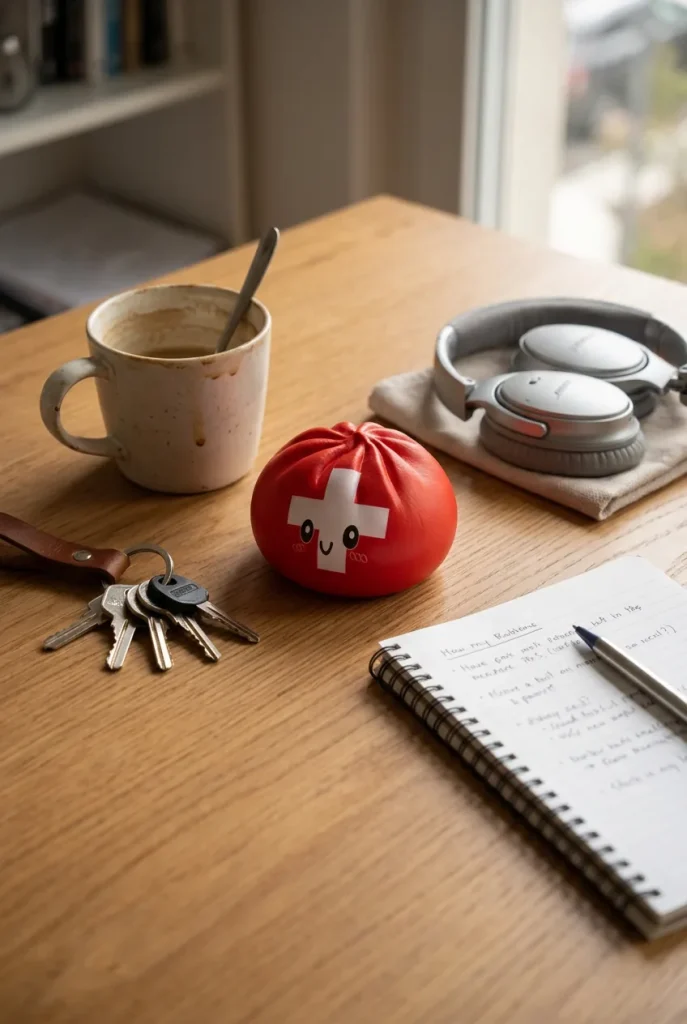Flag Squishy Toy Dumpling Suiza en un escritorio