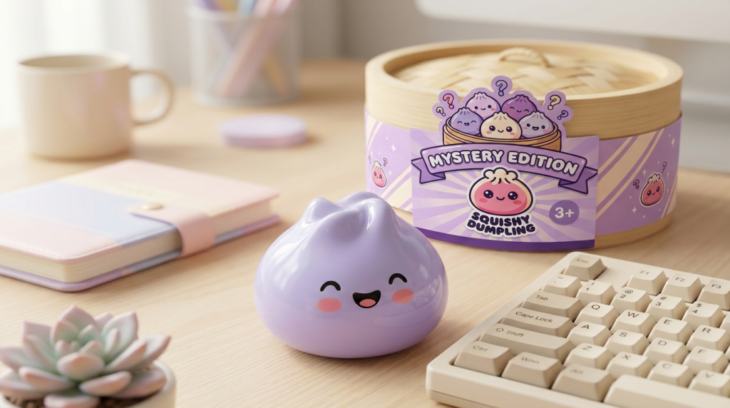 Dumpling Squishy Mystery Peluche Sorpresa en un ambiente de escritorio