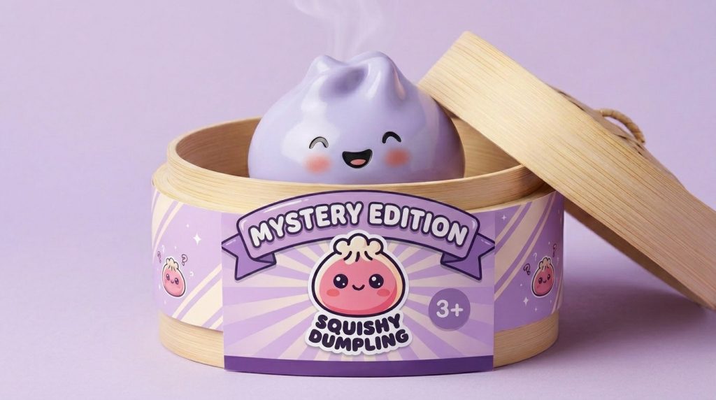 Dumpling Squishy Mystery Peluche Sorpresa en su cesta de vapor de bambú