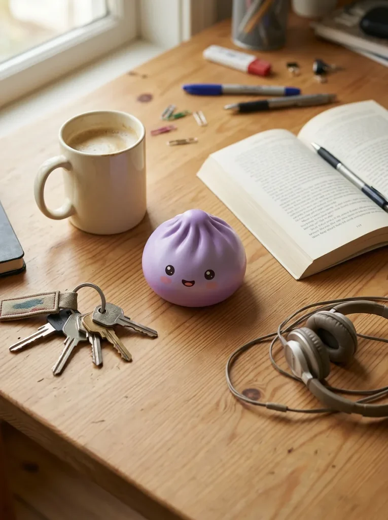Dumpling Squishy Mystery Peluche Sorpresa en un escritorio