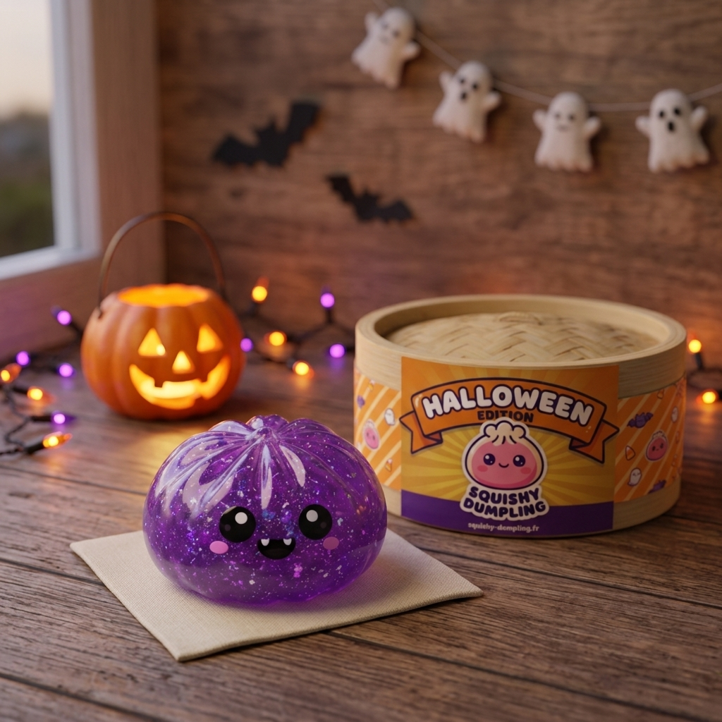 Squishy Dumpling Vampiro Halloween Glitter en un ambiente de escritorio