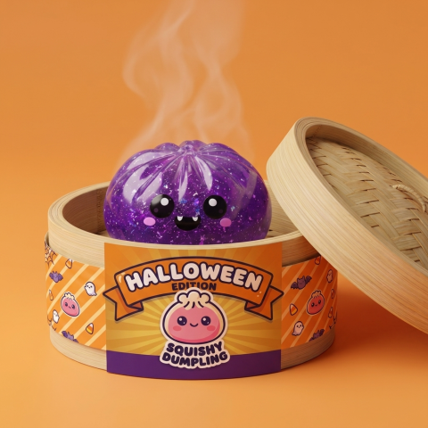 Squishy Dumpling Vampiro Halloween Glitter en su cesta de vapor de bambú