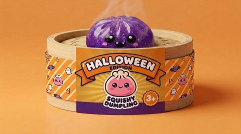Squishy Dumpling Vampiro Halloween Glitter en su cesta de vapor de bambú