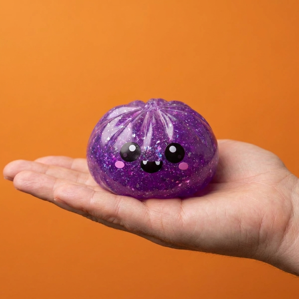 Squishy Dumpling Vampiro Halloween Glitter en la mano, tamaño real