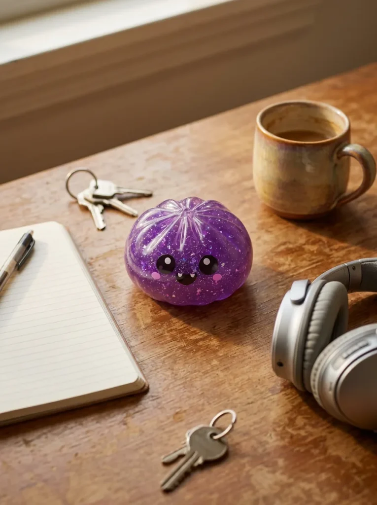 Squishy Dumpling Vampiro Halloween Glitter en un escritorio
