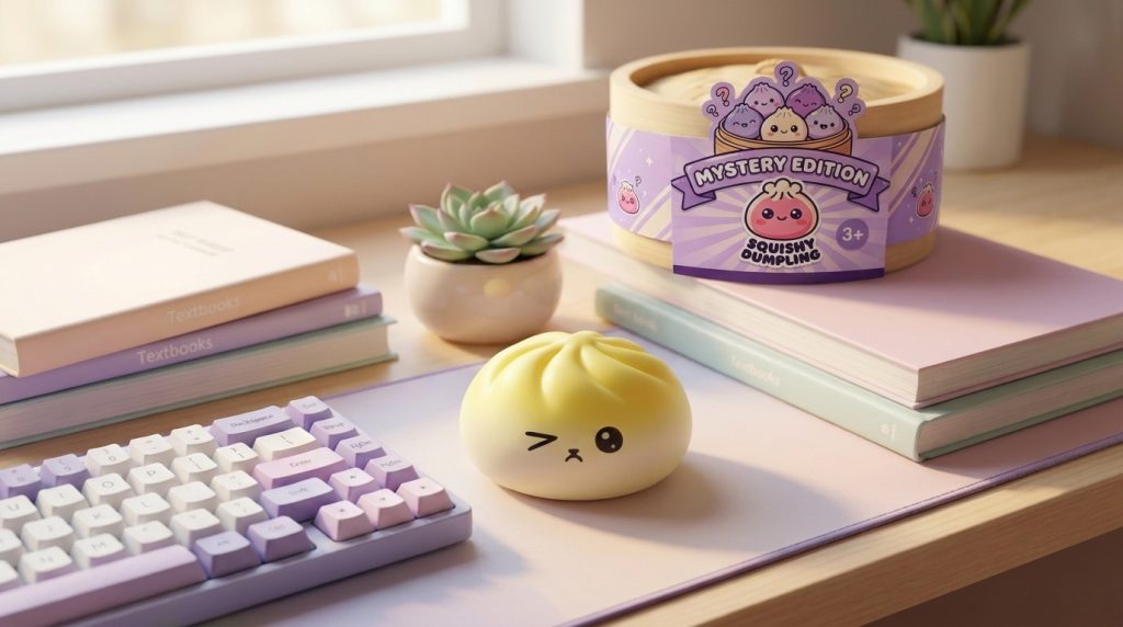 Mystery Dumpling Squishy Sorpresa Viral en un ambiente de escritorio