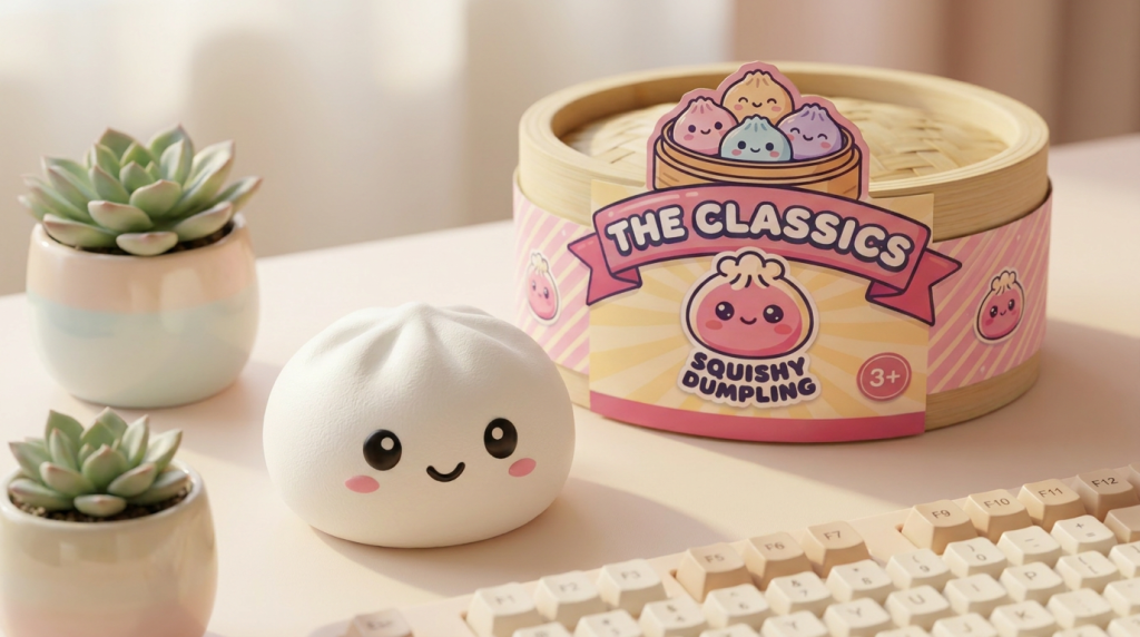 Dumpling Squishy Blanco Nieve en un ambiente de escritorio