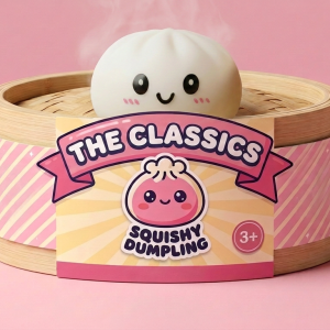 Dumpling Squishy Blanco Nieve en su cesta de vapor de bambú