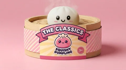 Dumpling Squishy Blanco Nieve en su cesta de vapor de bambú