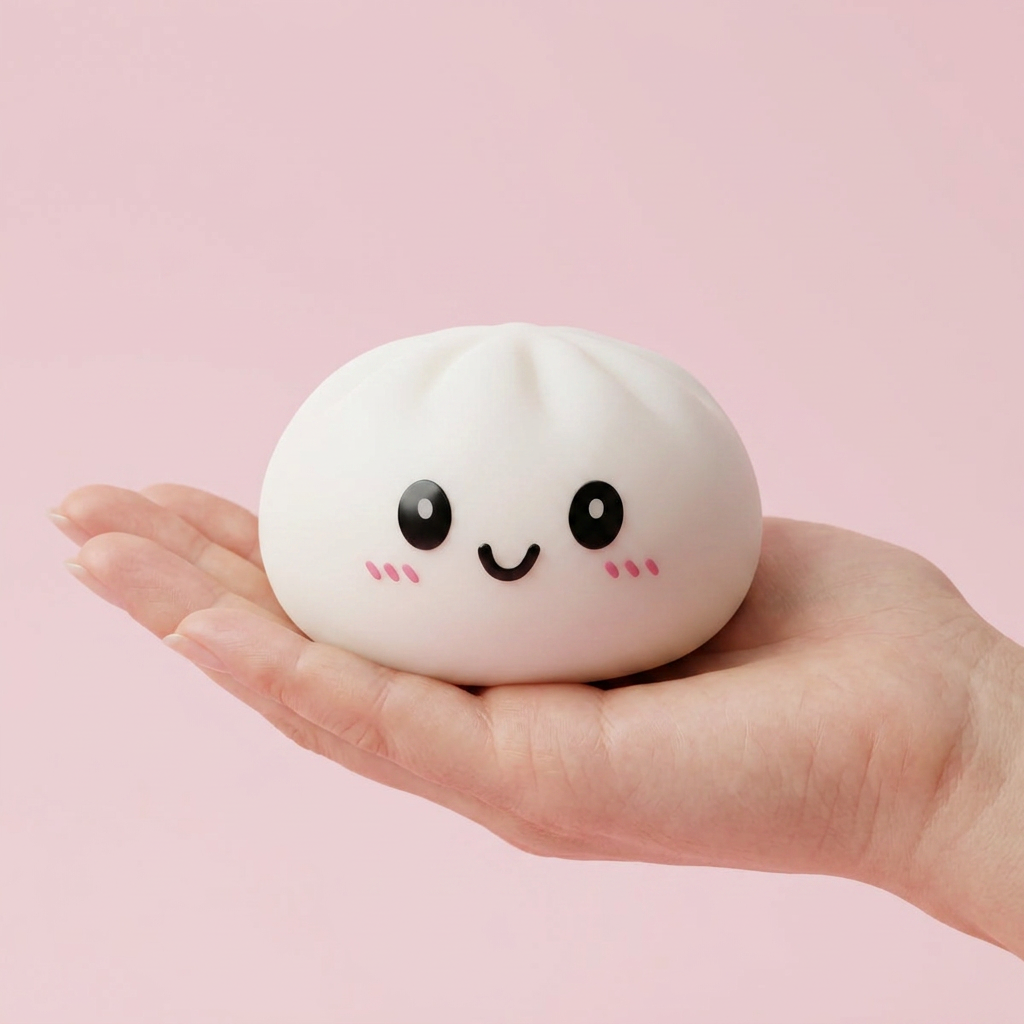 Dumpling Squishy Blanco Nieve en la mano, tamaño real