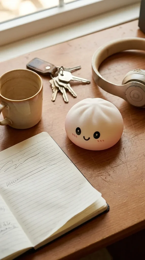 Dumpling Squishy Blanco Nieve en un escritorio