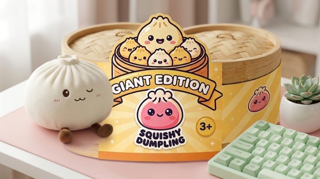 Dumpling Squishy Toy Blanco XXL en un ambiente de escritorio