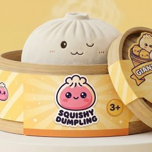 Dumpling Squishy Toy Blanco XXL en su cesta de vapor de bambú