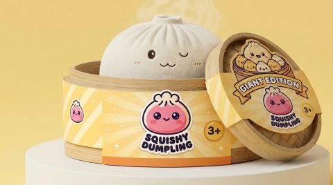 Dumpling Squishy Toy Blanco XXL en su cesta de vapor de bambú