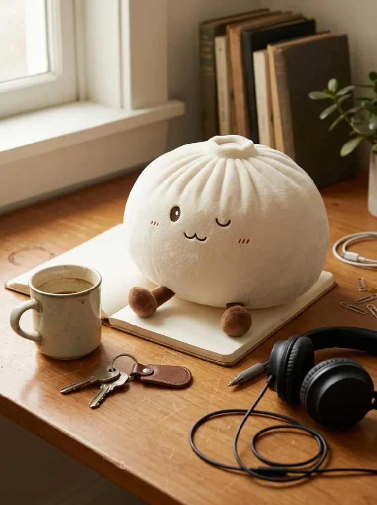 Dumpling Squishy Toy Blanco XXL en un escritorio
