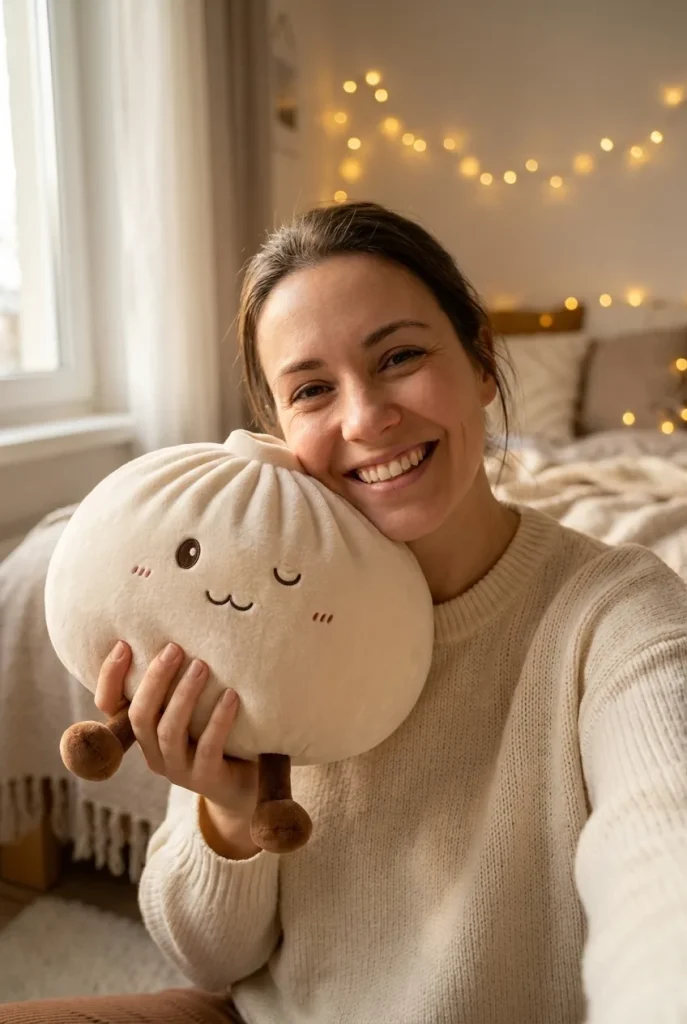 Dumpling Squishy Toy Blanco XXL cerca de la cara