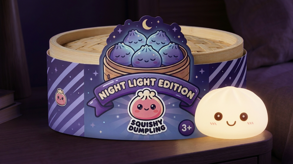 Dumpling Squishy Luz Nocturna Blanca Lunar en un ambiente de escritorio
